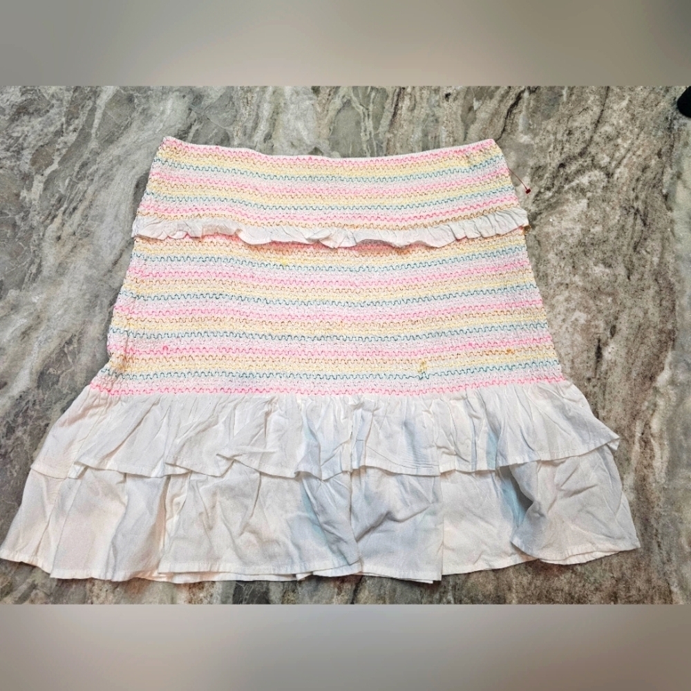 Cabana by Crown & Ivy Smocked Tube Top XL Rainbow Stitch Ruffle White